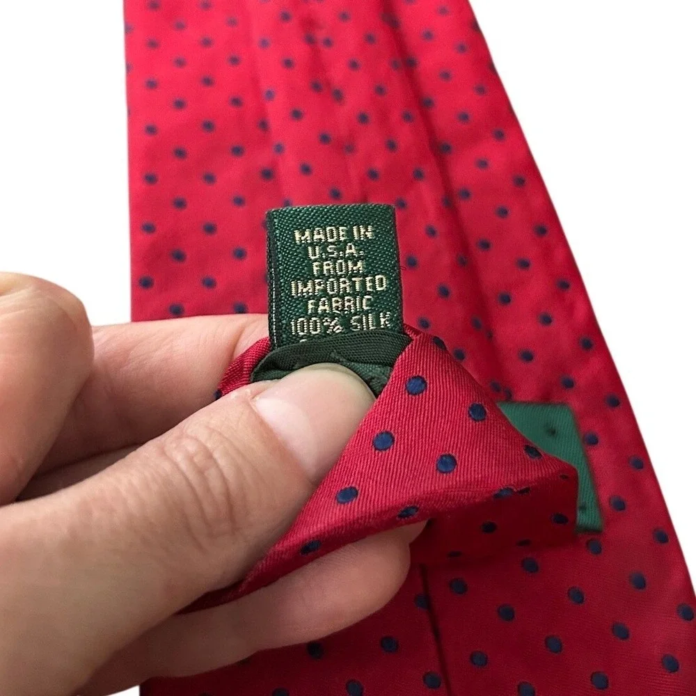 Lauren Ralph Lauren Mens Red Navy Blue Polka Dot Silk Necktie Hand Finished‎ USA